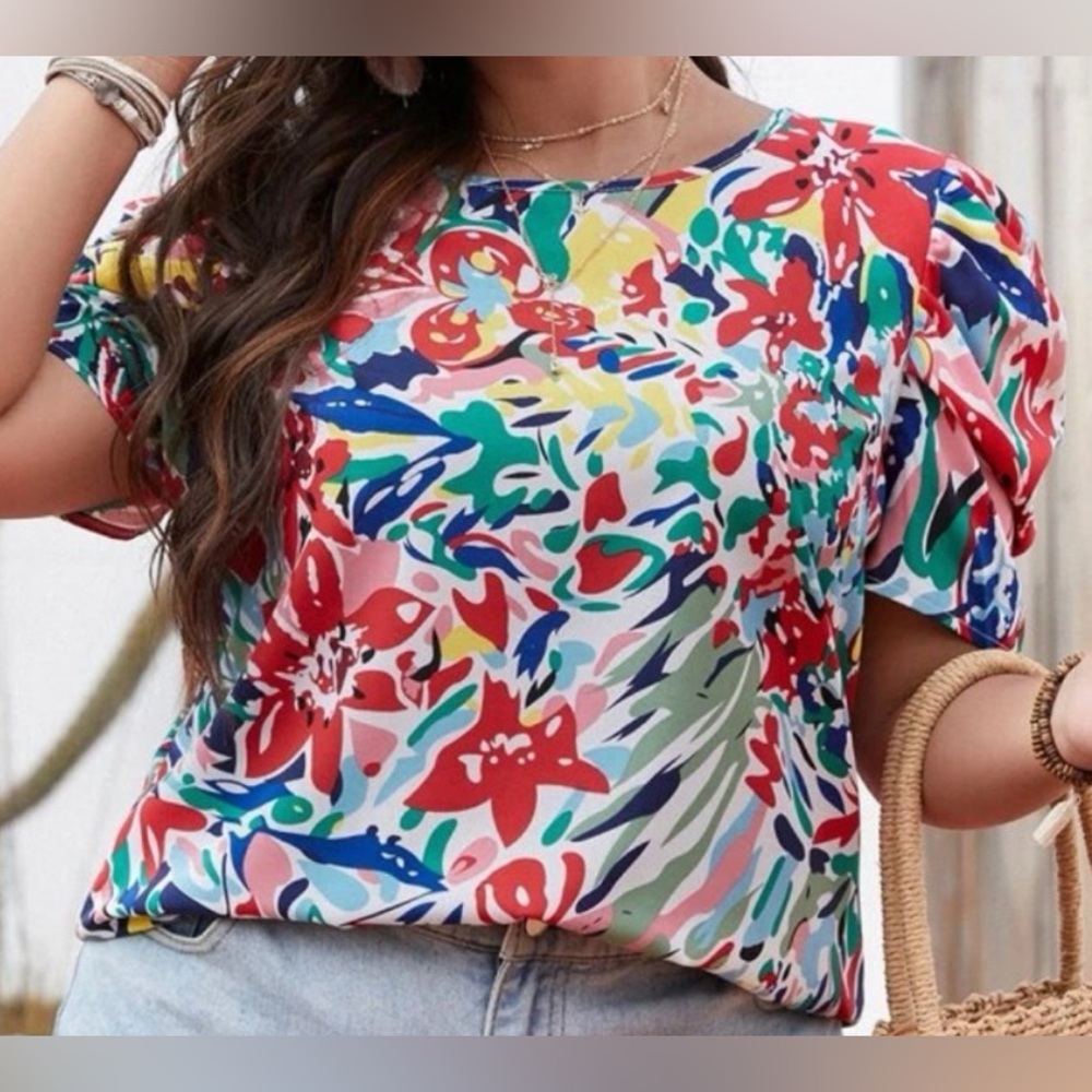SHEIN 4X (20) Plus Allover Print Red, Green & Blue Puff Sleeve Shirt
